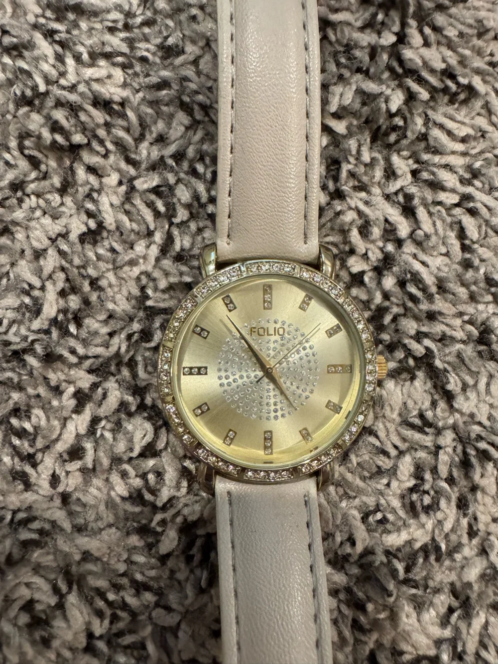 Crystal Accent Round Face Watch with Ivory Strap